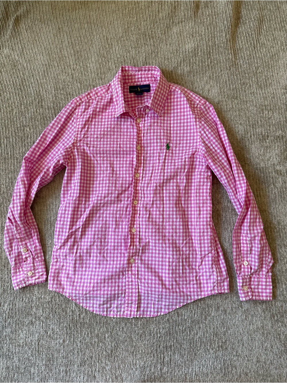 Ralph Lauren Boys L 14-16 Pink White Gingham Button Down Shirt Preppy